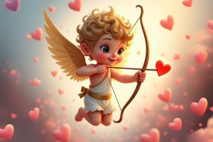 Ilustración de Cupido con aspecto de niño travieso, sosteniendo un arco y una flecha con actitud divertida y cara de pillo, listo para disparar. Una imagen que captura la esencia juguetona y pícara del amor en San Valentín