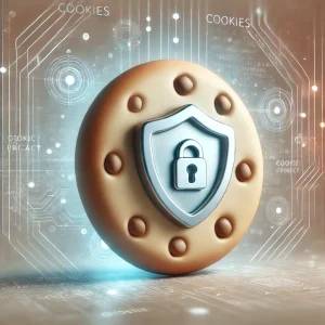 Ilustración de una cookie con un icono de seguridad, representando la Política de Cookies y la protección de datos en El Secreto de Penélope.