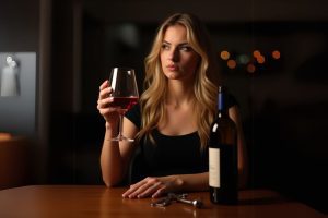 Mujer rubia con una copa de vino en la mano decepcionada por el regalo de San Valentín y sus regalos en Febrero y sus encantos