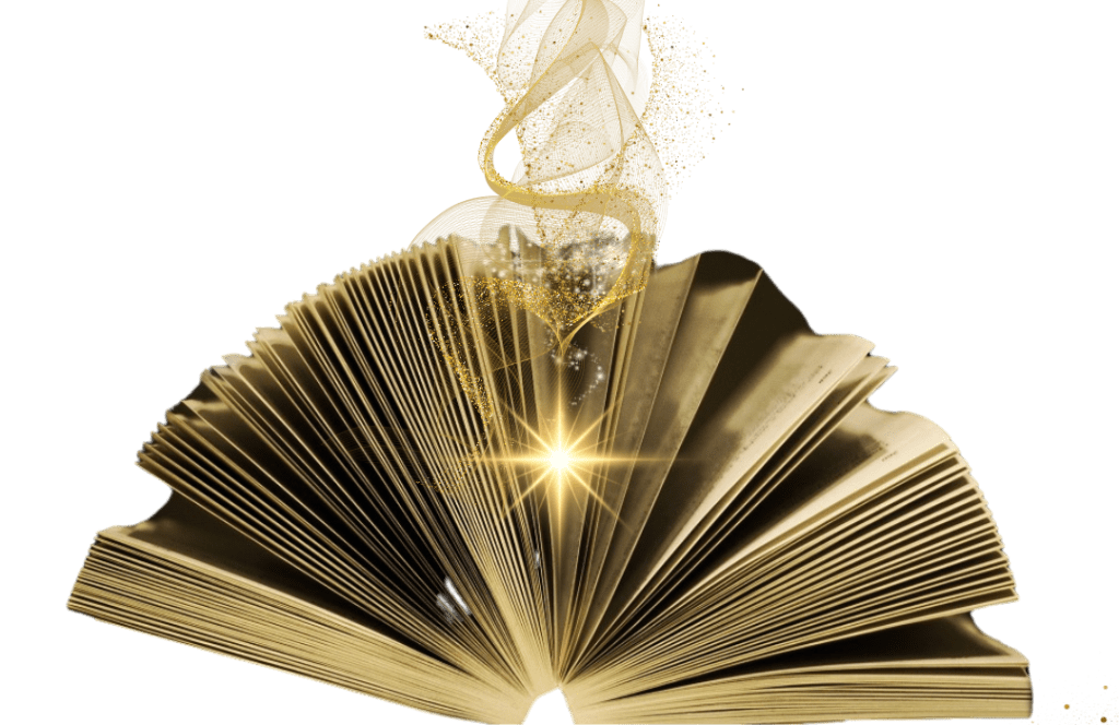 Hablemos - Libro abierto con destellos brillantes, simbolizando la magia de las palabras, la creatividad y el poder de las historias,