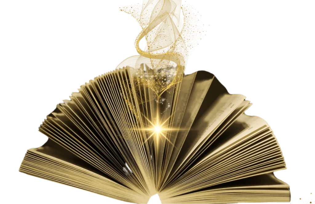 Hablemos - Libro abierto con destellos brillantes, simbolizando la magia de las palabras, la creatividad y el poder de las historias,