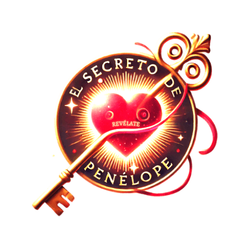 Logotipo de el Secreto de Penélope. Un Corazón rojo atravesado por una llave en el centro de un escudo y la palabra Revélate