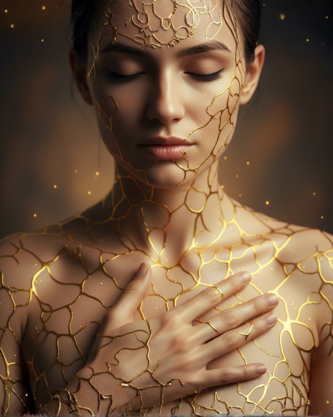 Mujer recuperando autoestima y amor propio | Volver a Mí Mujer con marcas doradas que representan sanación y conexión interior, símbolo de recuperar la autoestima y el amor propio.