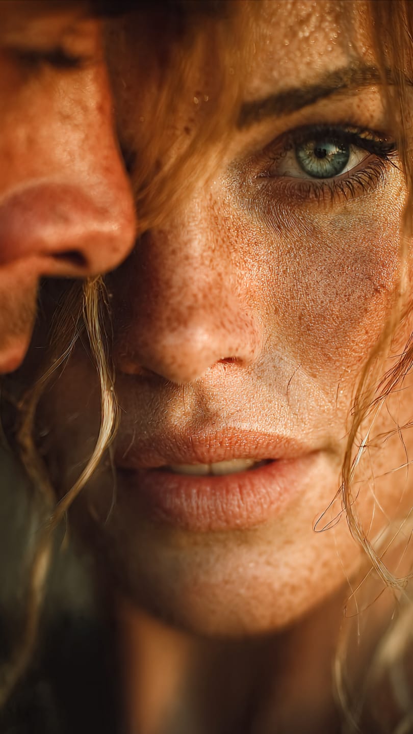 poetic_cinematic_moment_between_a_man_and Mujer con marcas doradas que representan sanación y conexión interior, símbolo de recuperar la autoestima y el amor propio.